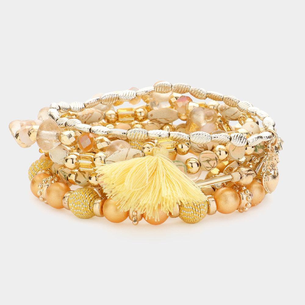 Ivory 8PCS - Metal Shell Heart Tassel Charm Multi Beads Beaded Layered Bracelets - Jewelry Store by Erik Rayo