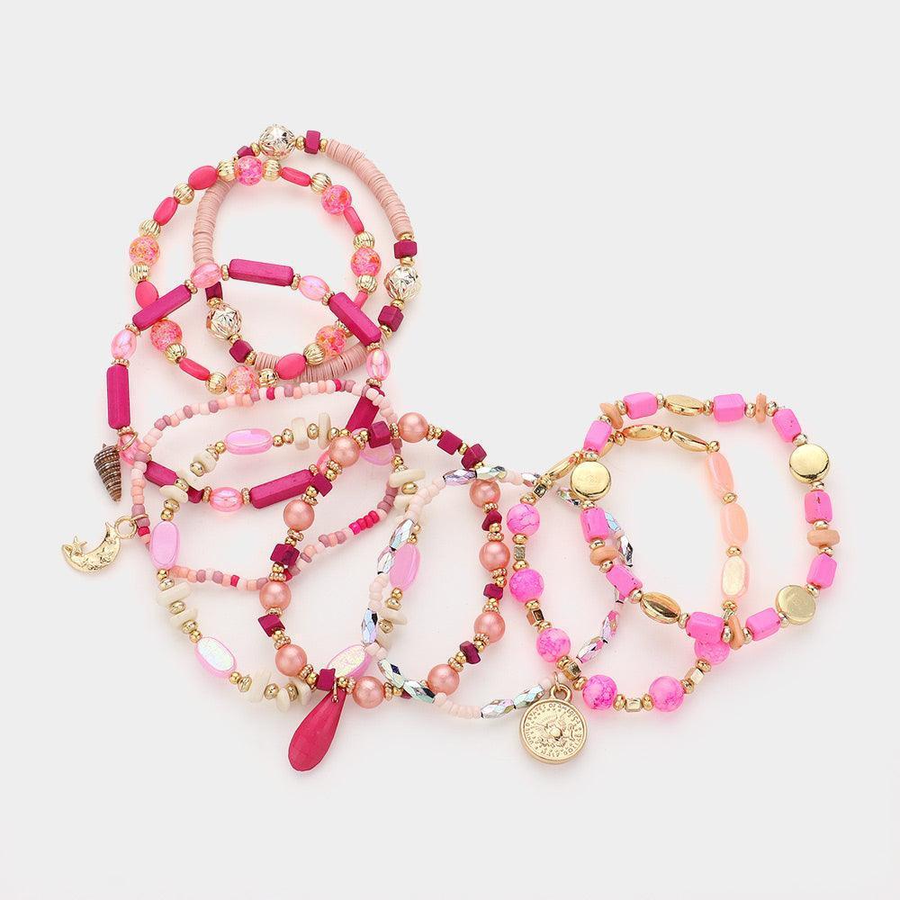 Pink 9PCS - Metal Moon Coin Multi Beads Beaded Layered Bracelets - Jewelry Store by Erik Rayo