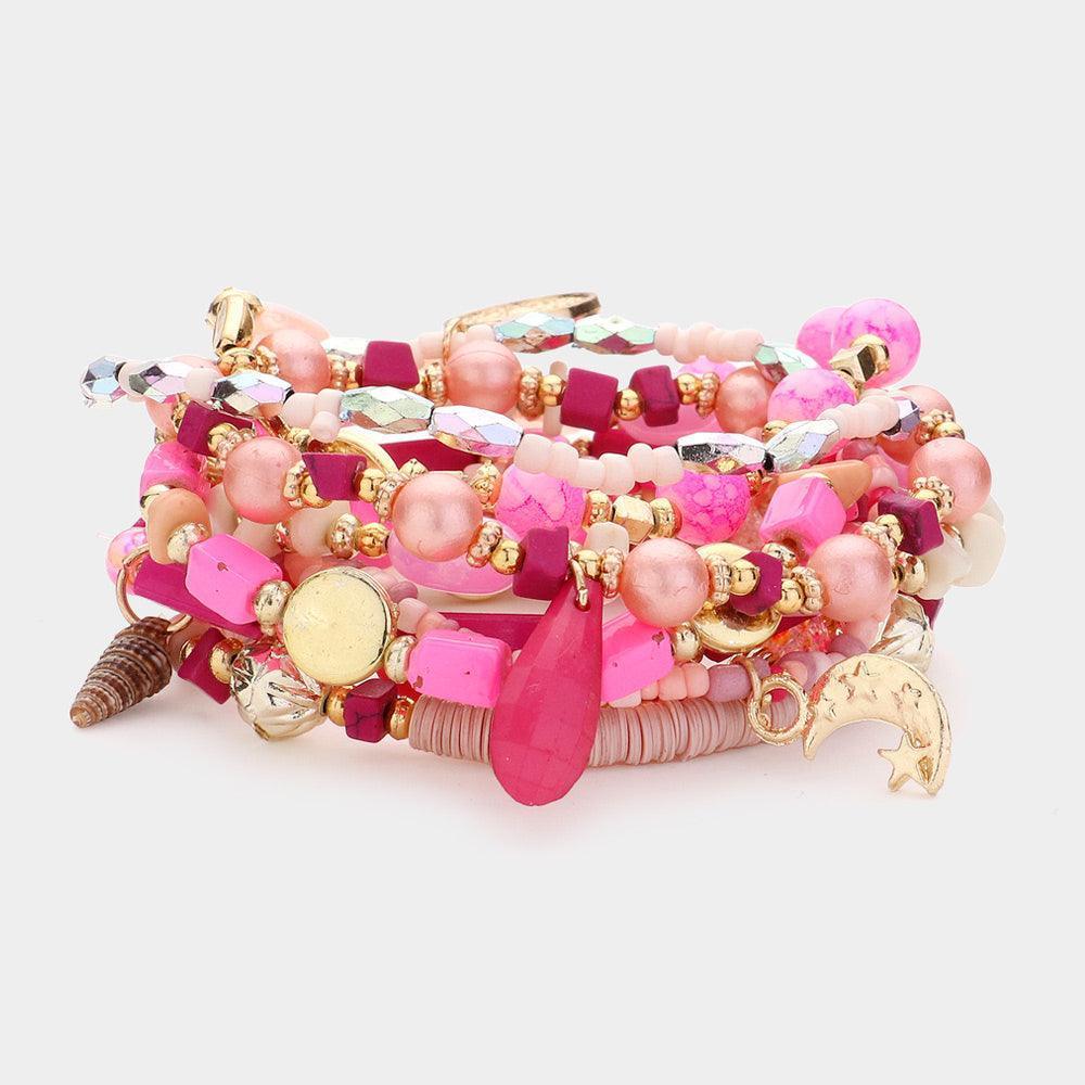 Pink 9PCS - Metal Moon Coin Multi Beads Beaded Layered Bracelets - Jewelry Store by Erik Rayo