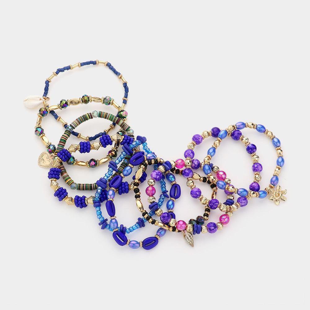 Blue 10PCS - Shell Metal Flower Heart Charm Wood Multi Beads Beaded Layered Bracelets - Jewelry Store by Erik Rayo