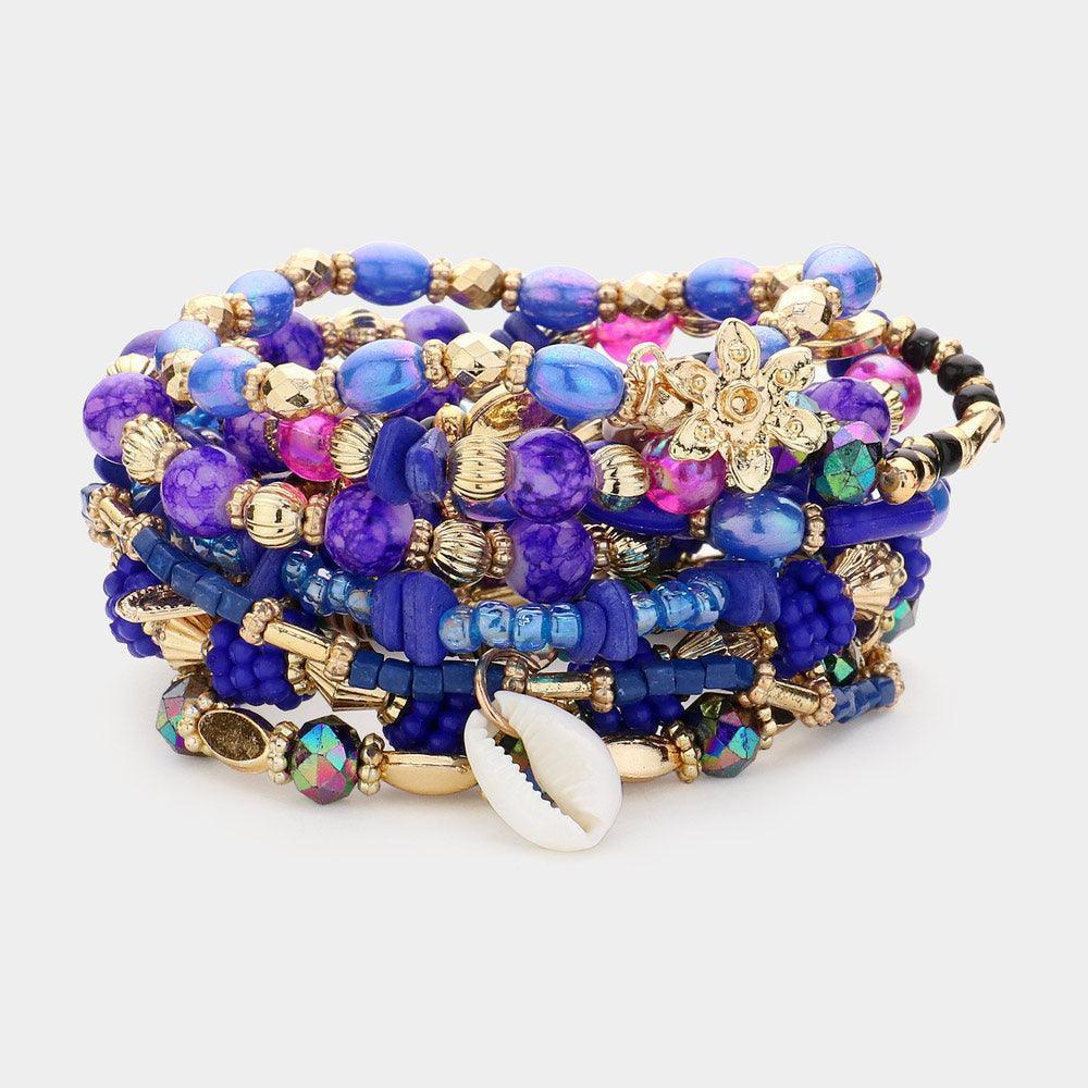 Blue 10PCS - Shell Metal Flower Heart Charm Wood Multi Beads Beaded Layered Bracelets - Jewelry Store by Erik Rayo