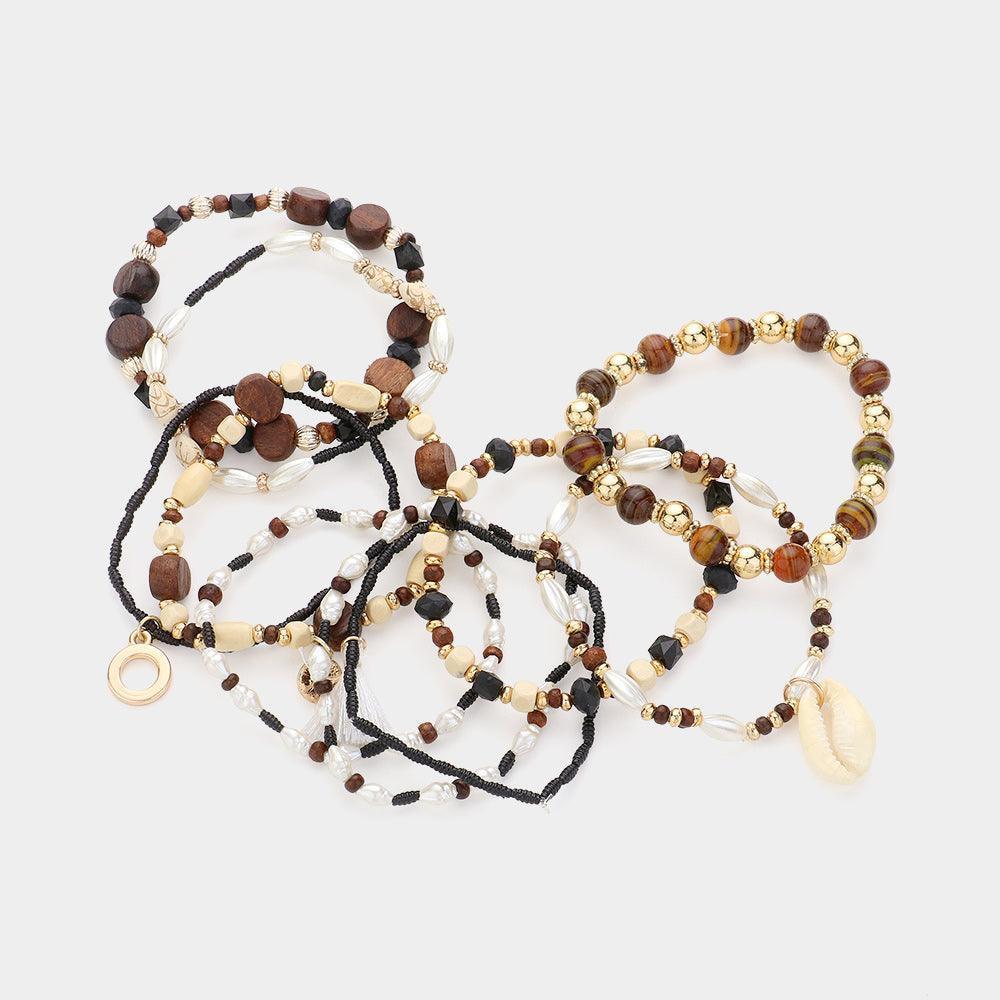 Brown 10PCS - Shell Charm Pointed Pearl Wood Seed Beads Beaded Multi Layered Bracelets - Jewelry Store by Erik Rayo