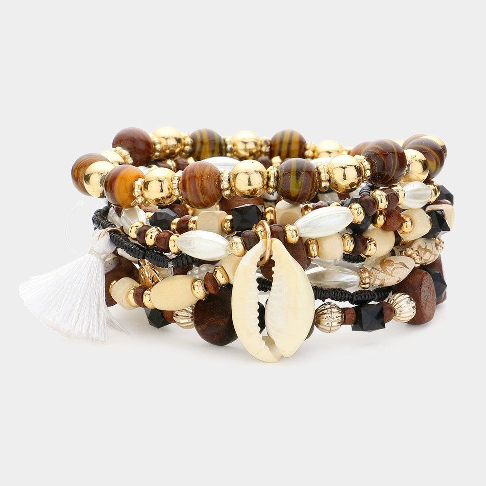 Brown 10PCS - Shell Charm Pointed Pearl Wood Seed Beads Beaded Multi Layered Bracelets - Jewelry Store by Erik Rayo