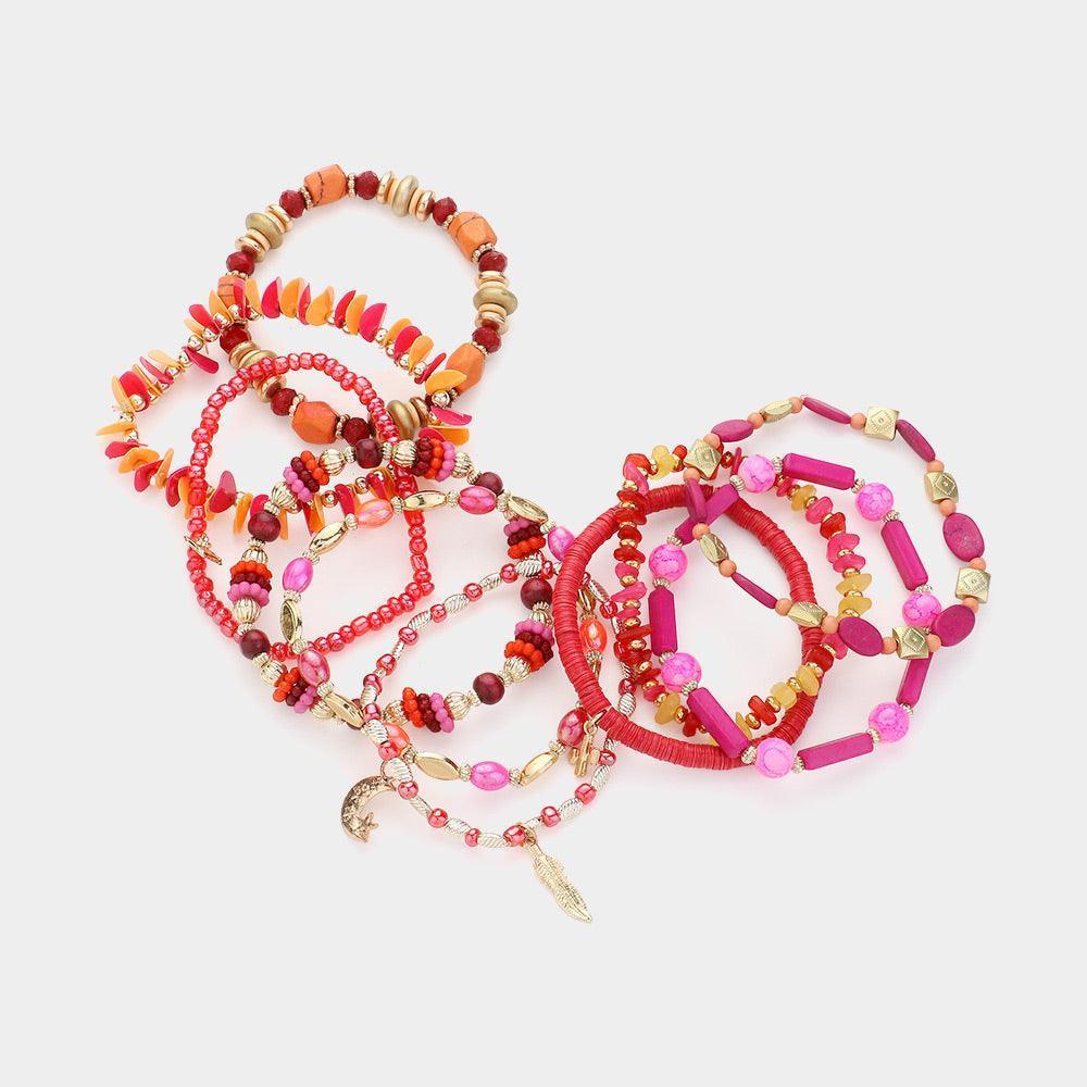 Pink 10PCS - Metal Moon Star Leaf Cactus Charm Multi Beads Beaded Multi Layered Bracelets - Jewelry Store by Erik Rayo