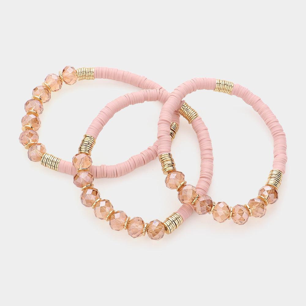 Pink 3PCS - Faceted Beads Heishi Beaded Multi Layered Bracelets - Jewelry Store by Erik Rayo