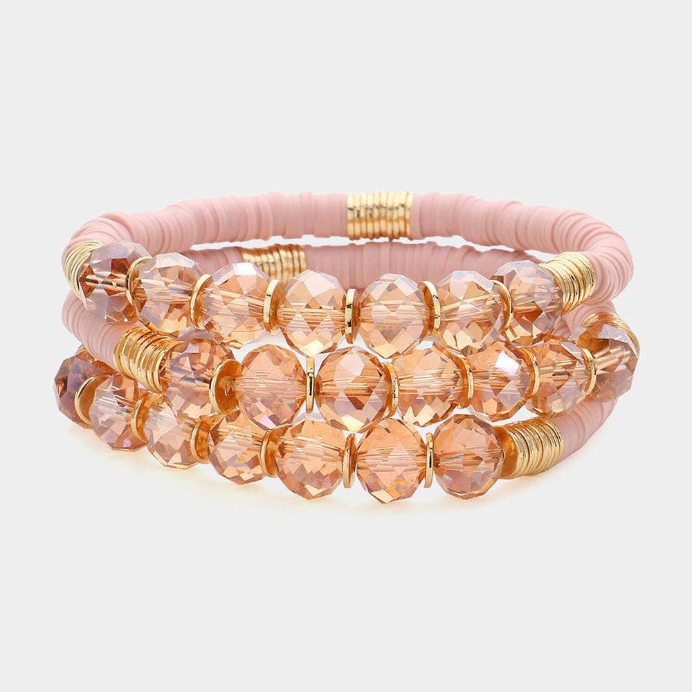 Pink 3PCS - Faceted Beads Heishi Beaded Multi Layered Bracelets - Jewelry Store by Erik Rayo