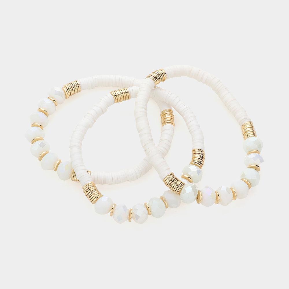White 3PCS - Faceted Beads Heishi Beaded Multi Layered Bracelets - Jewelry Store by Erik Rayo