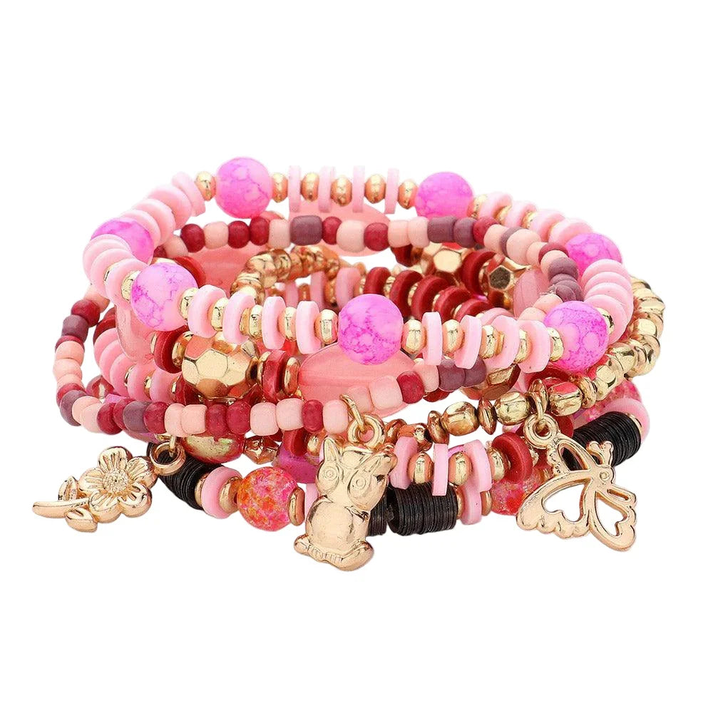 Pink 7PCS - Metal Flower Angel Dolphin Owl Charm Faceted Beaded Stretch Multi Layered Bracelets - Jewelry Store by Erik Rayo