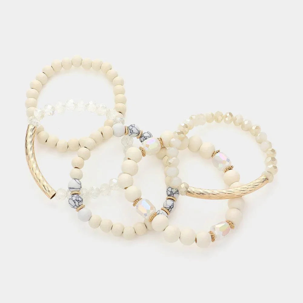 White 5PCS - Metal Bar Pointed Wood Faceted Beaded Multi Layered Bracelets - Jewelry Store by Erik Rayo