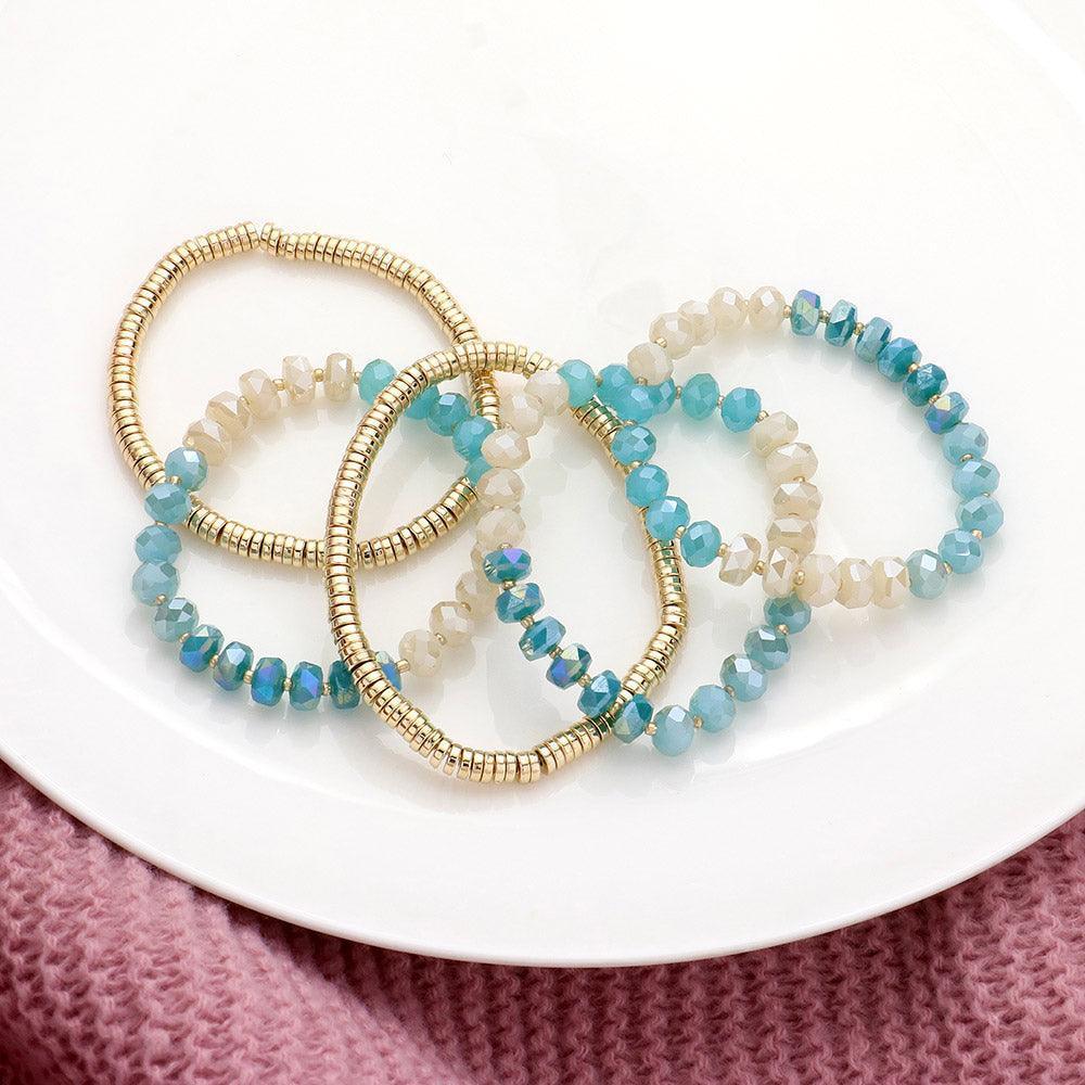 Aqua 5PCS - Faceted Beaded Heishi Beaded Multi Layered Stretch Bracelet - Jewelry Store by Erik Rayo