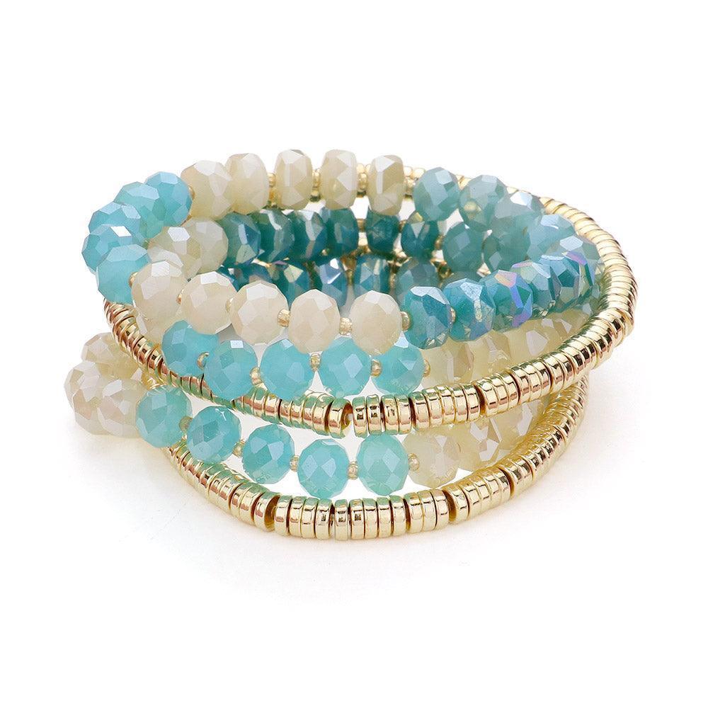 Aqua 5PCS - Faceted Beaded Heishi Beaded Multi Layered Stretch Bracelet - Jewelry Store by Erik Rayo