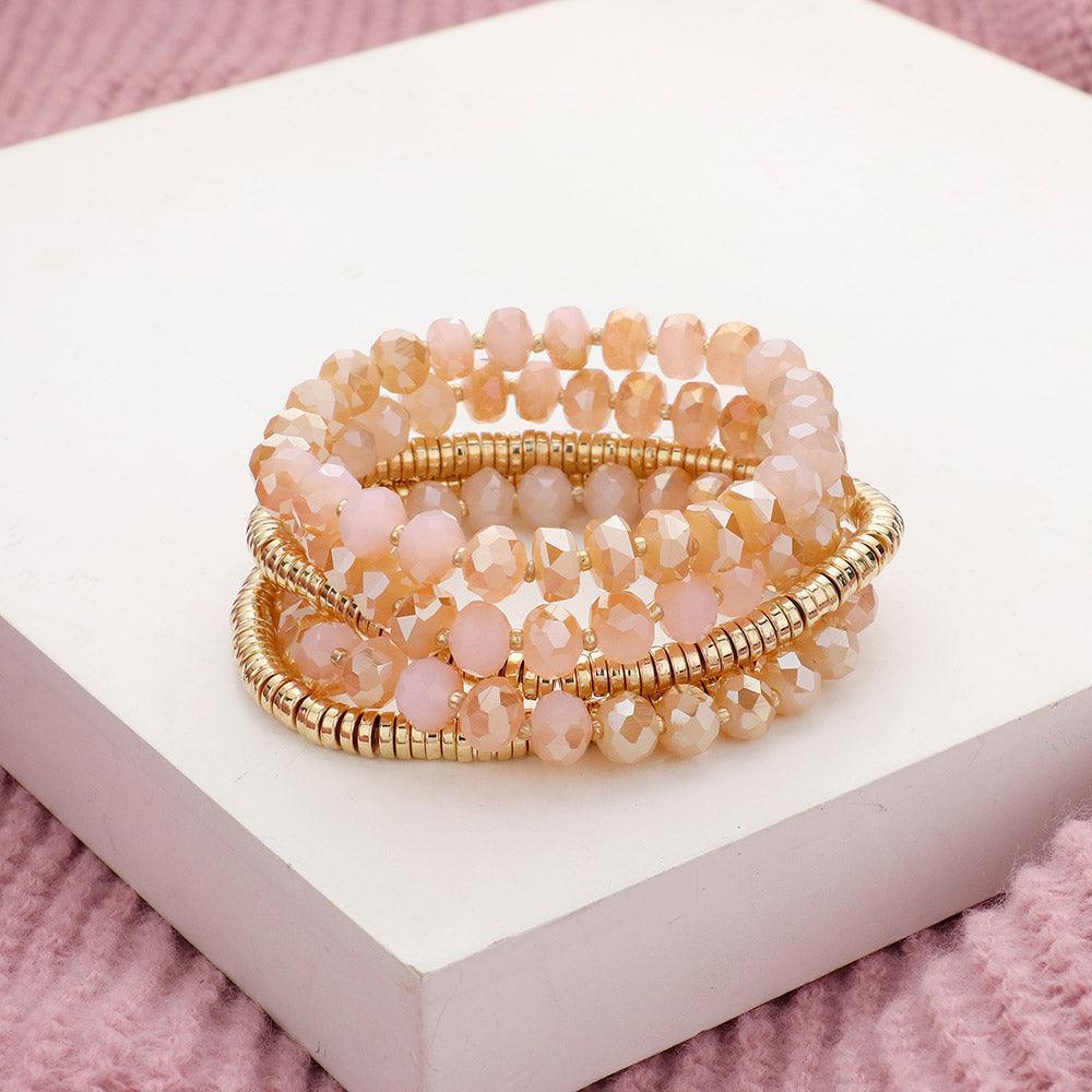 Pink 5PCS - Faceted Beaded Heishi Beaded Multi Layered Stretch Bracelet - Jewelry Store by Erik Rayo