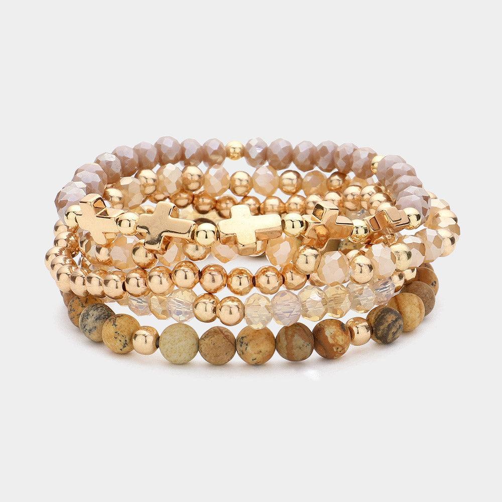 Brown 5PCS - Meatal Cross Ball Faceted Beads Natural Stone Beaded Stretch Multi Layered Bracelets - Jewelry Store by Erik Rayo