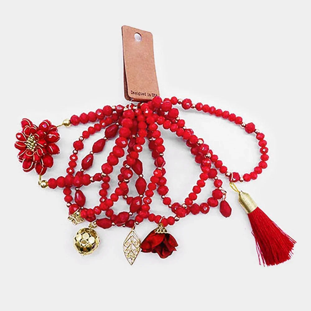 Red 7PCS Flower Leaf Tassel Charm Faceted Beaded Stretch Bracelets - Jewelry Store by Erik Rayo