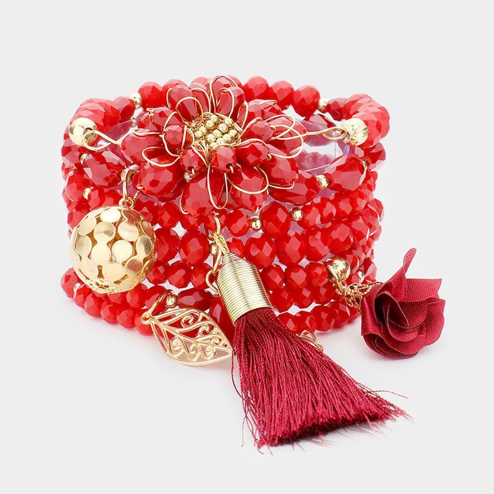 Red 7PCS Flower Leaf Tassel Charm Faceted Beaded Stretch Bracelets - Jewelry Store by Erik Rayo