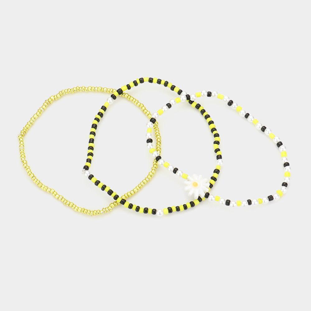 Yellow 3PCS Flower Accented Pearl Seed Beaded Stretch Bracelets - Jewelry Store by Erik Rayo