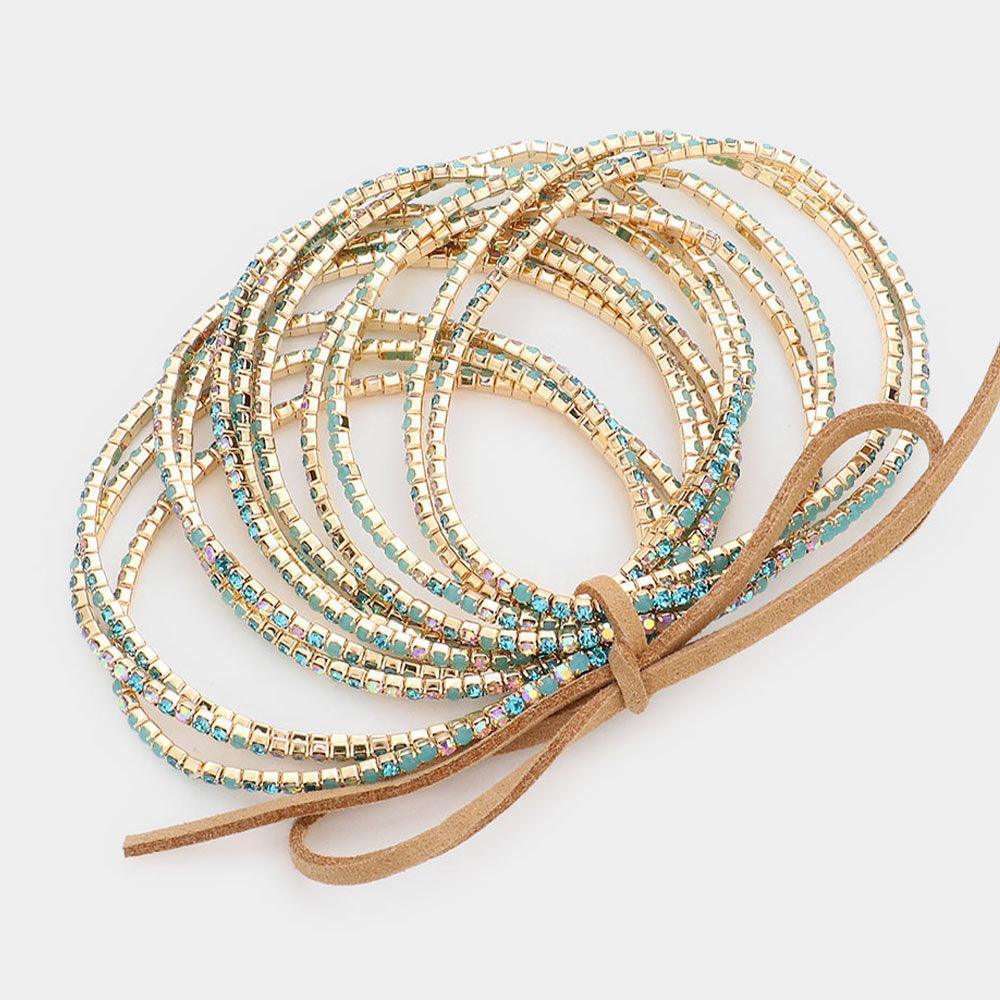 Gold 12PCS Ribbon Colorful Rhinestone Layered Stretch Bracelets - Jewelry Store by Erik Rayo