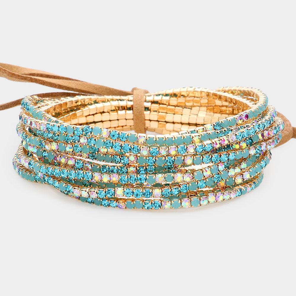 Gold 12PCS Ribbon Colorful Rhinestone Layered Stretch Bracelets - Jewelry Store by Erik Rayo