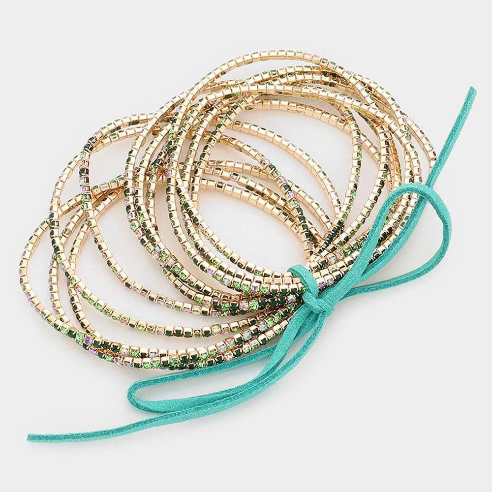 Gold 12PCS Ribbon Colorful Rhinestone Layered Stretch Bracelets - Jewelry Store by Erik Rayo