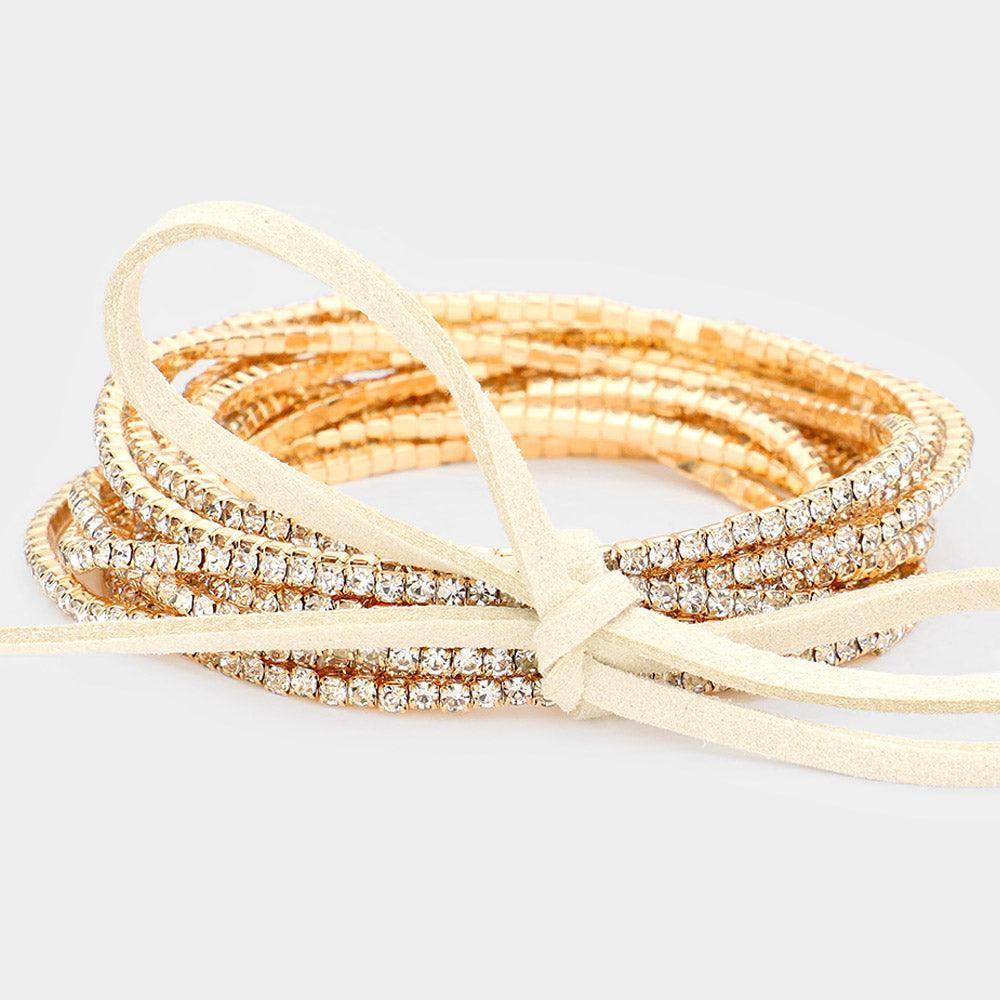 Gold 12PCS Ribbon Colorful Rhinestone Layered Stretch Bracelets - Jewelry Store by Erik Rayo