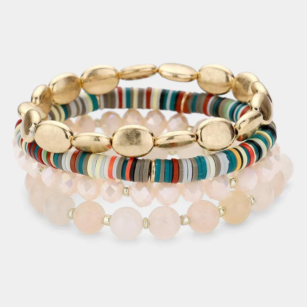 Peach 4PCS Semi Precious Heishi Beaded Stretch Bracelets - Jewelry Store by Erik Rayo