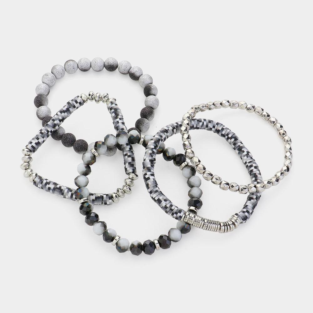Black 5PCS Faceted Beads Heishi Beaded Multi Layered Bracelets - Jewelry Store by Erik Rayo