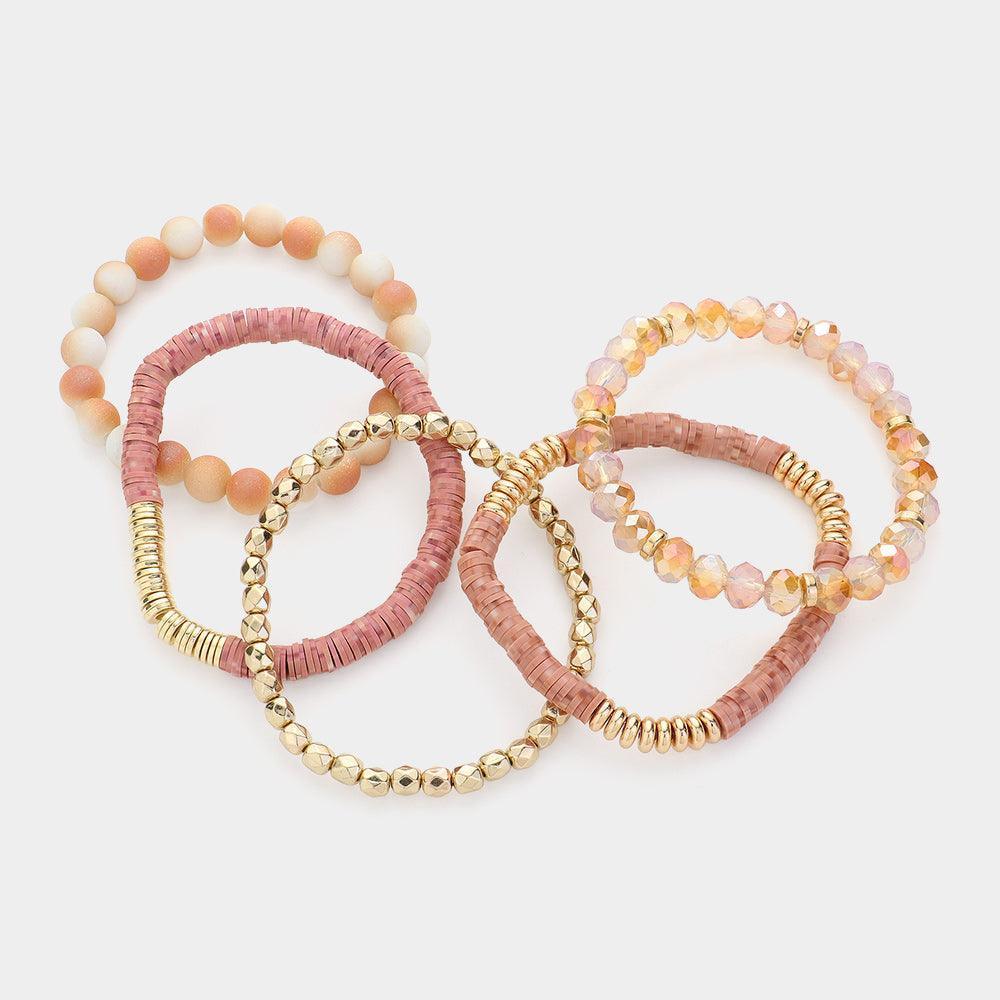 Pink 5PCS - Faceted Beads Heishi Beaded Multi Layered Bracelets - Jewelry Store by Erik Rayo