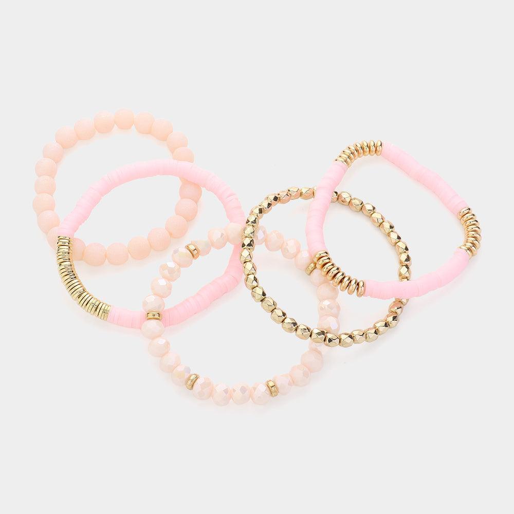 Pink 5PCS - Faceted Beads Heishi Beaded Multi Layered Bracelets - Jewelry Store by Erik Rayo