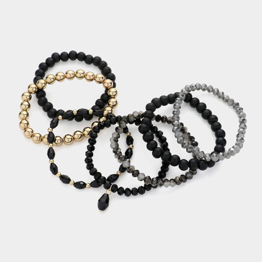 Black 7PCS Faceted Beads Wood Beaded Multi Layered Bracelets - Jewelry Store by Erik Rayo