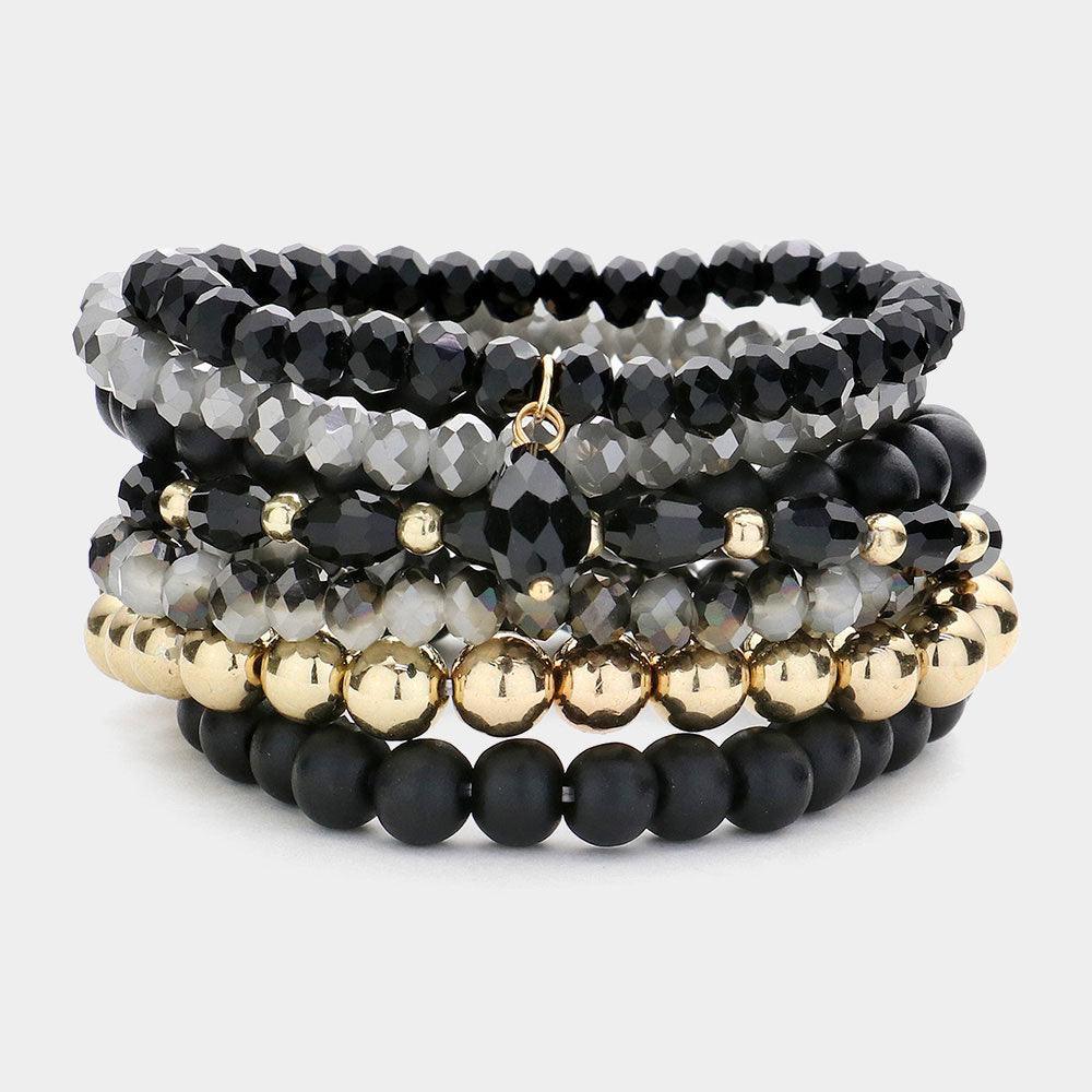 Black 7PCS Faceted Beads Wood Beaded Multi Layered Bracelets - Jewelry Store by Erik Rayo