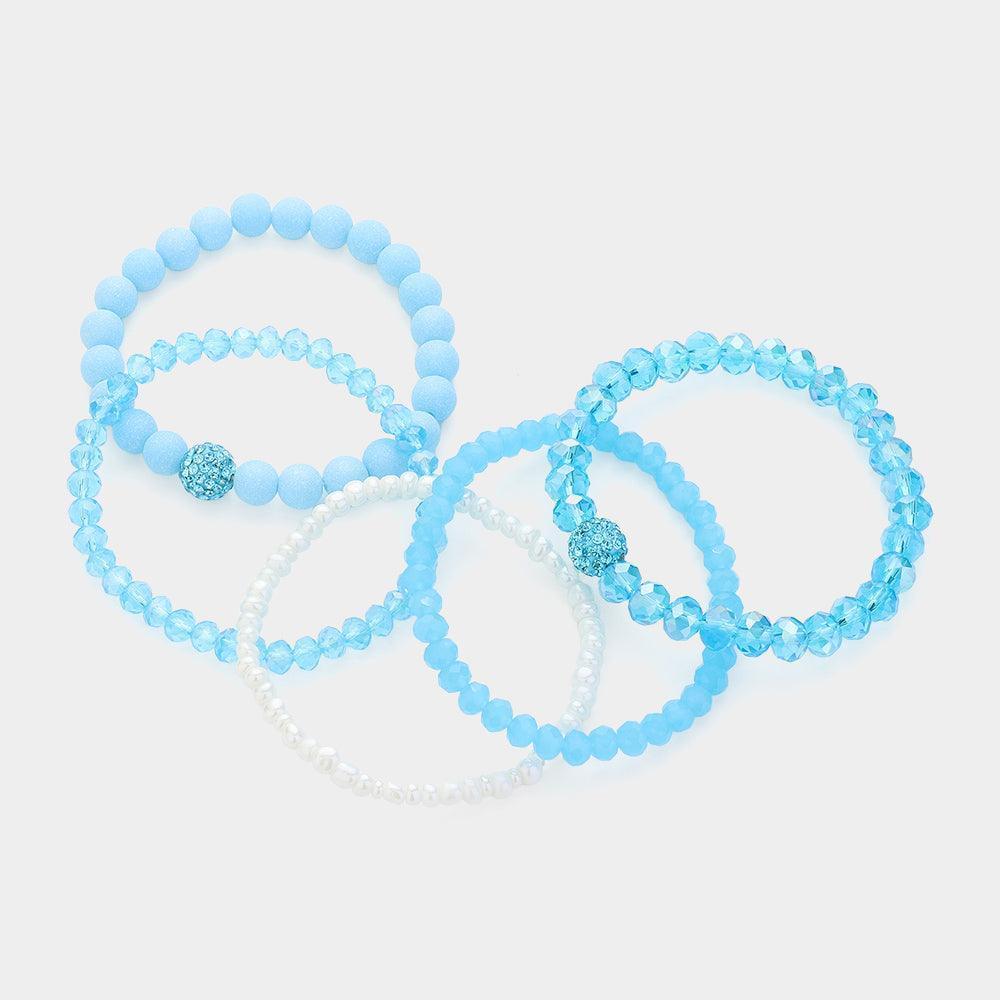 Blue 5PCS - Shamballa Ball Pointed Faceted Beaded Stretch Multi Layered Bracelets - Jewelry Store by Erik Rayo