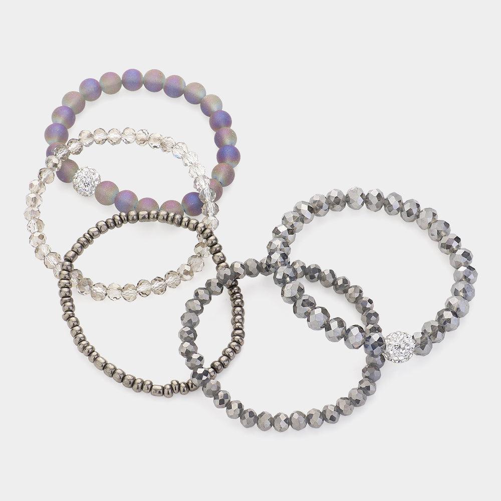Silver 5PCS Shamballa Ball Pointed Faceted Beaded Stretch Multi Layered Bracelets - Jewelry Store by Erik Rayo