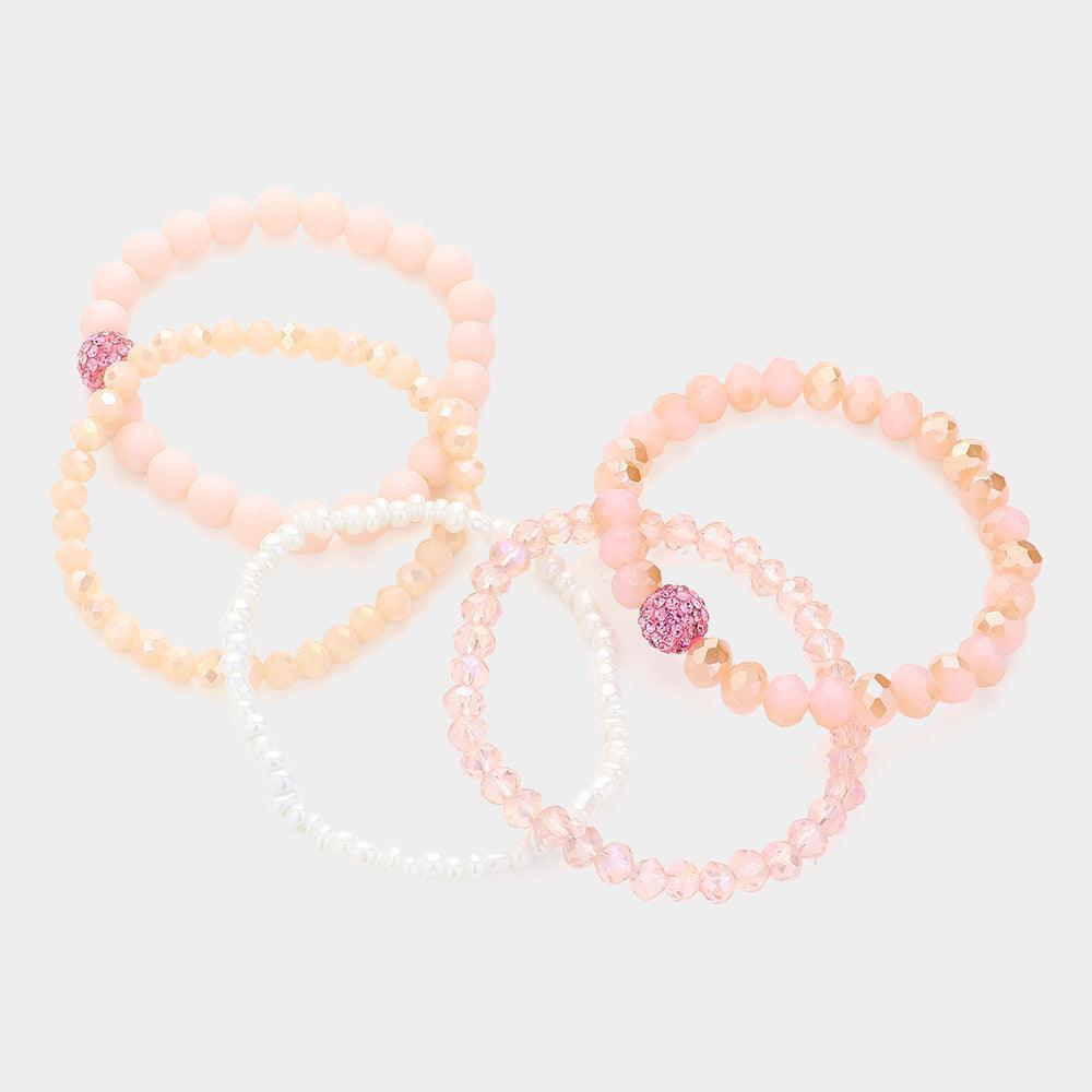 Pink 5PCS - Shamballa Ball Pointed Faceted Beaded Stretch Multi Layered Bracelets - Jewelry Store by Erik Rayo