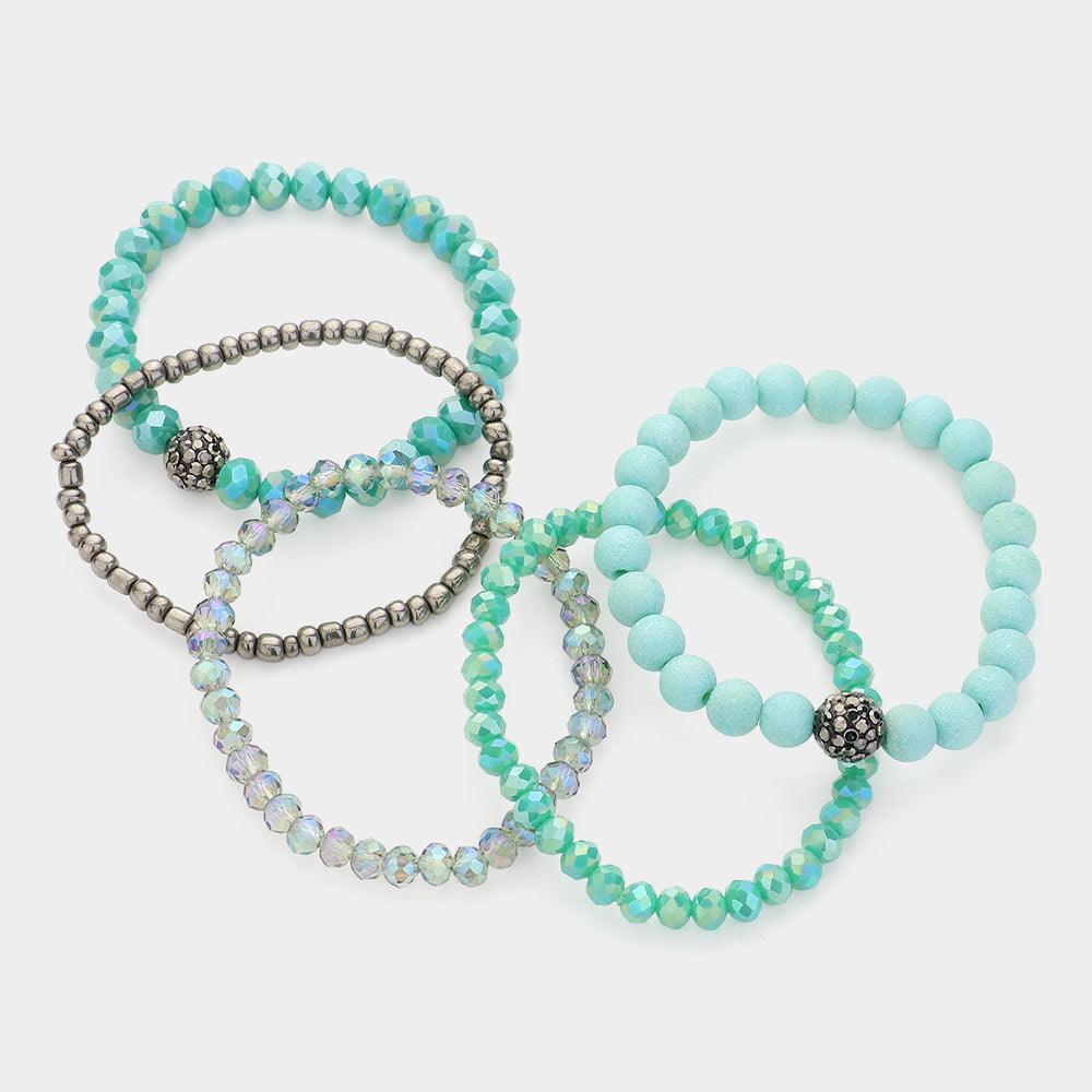 Turquoise 5PCS - Shamballa Ball Pointed Faceted Beaded Stretch Multi Layered Bracelets - Jewelry Store by Erik Rayo