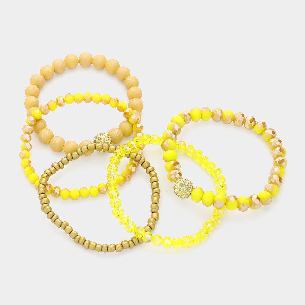Yellow 5PCS - Shamballa Ball Pointed Faceted Beaded Stretch Multi Layered Bracelets - Jewelry Store by Erik Rayo