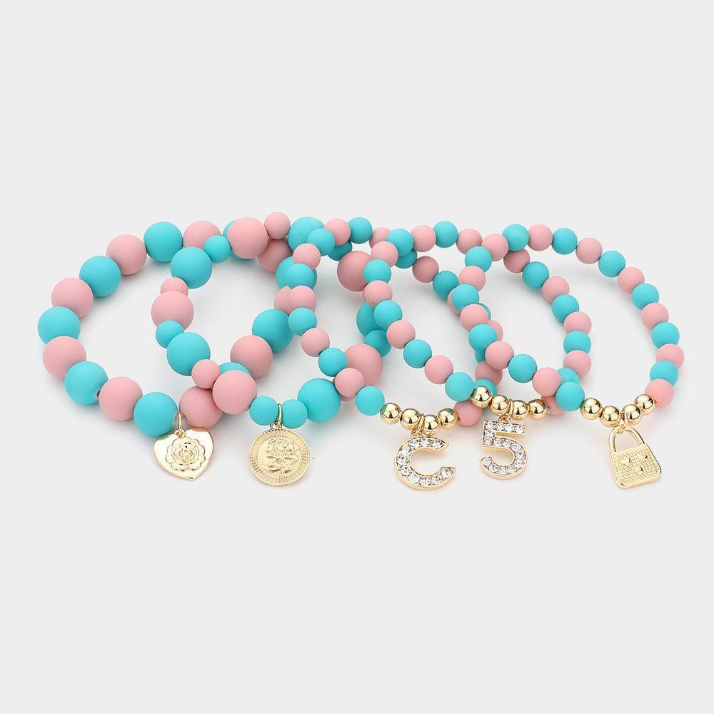 Pink 5PCS No. 5 Heart Lock Charm Beaded Stretch Bracelets - Jewelry Store by Erik Rayo