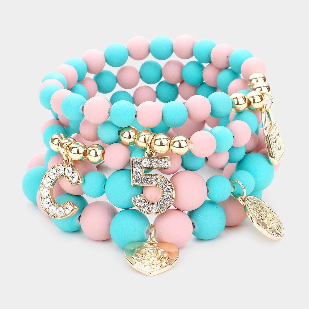 Pink 5PCS No. 5 Heart Lock Charm Beaded Stretch Bracelets - Jewelry Store by Erik Rayo