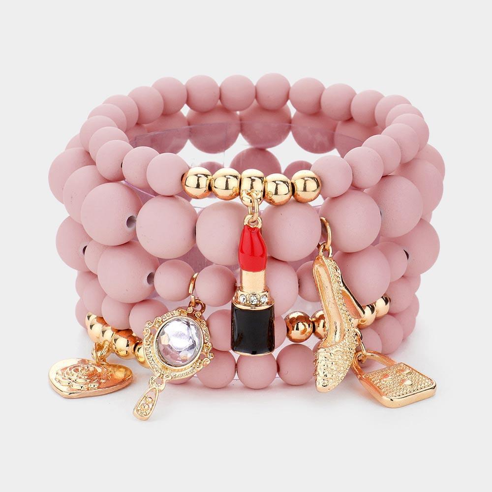 Pink 5PCS Flower Heart Hand Mirror Lipstick Stiletto Hill Tote Bag Charm Beaded Stretch Bracelets - Jewelry Store by Erik Rayo