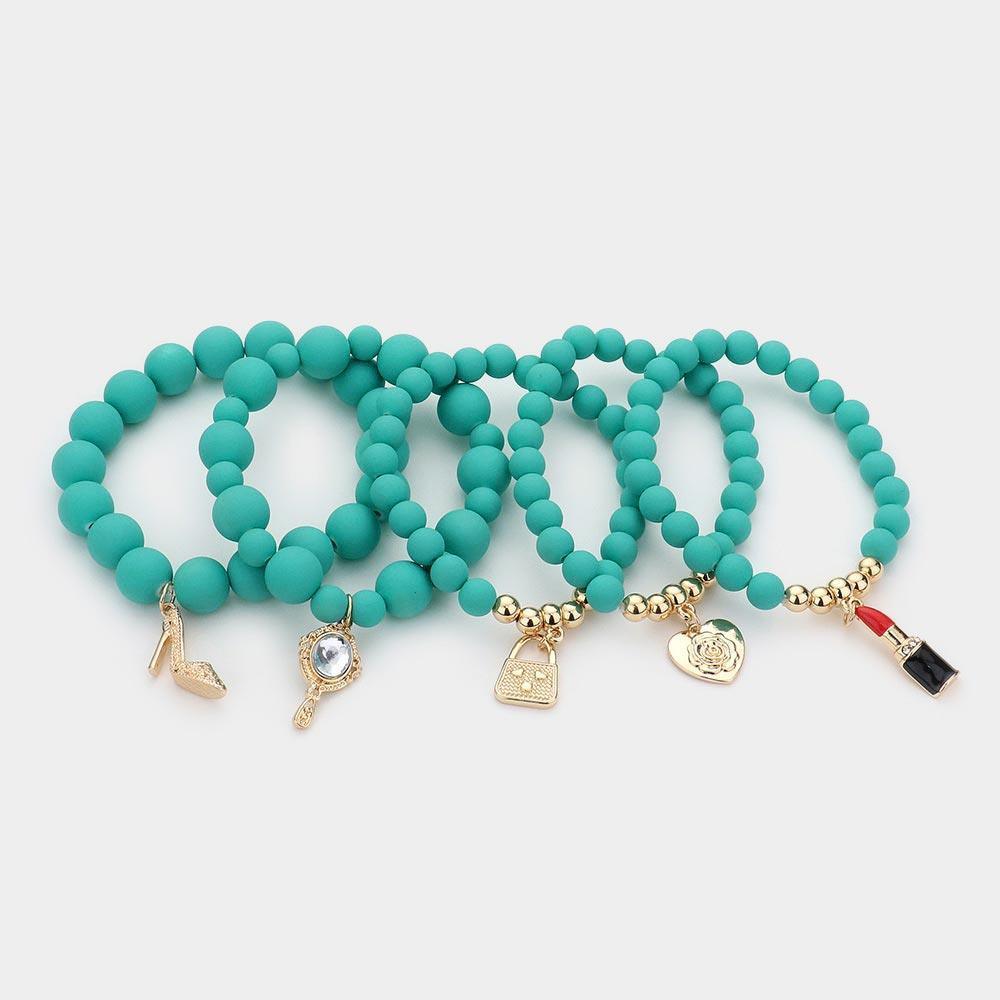 5PCS Flower Heart Hand Mirror Lipstick Stiletto Hill Tote Bag Charm Beaded Stretch Bracelets - Jewelry Store by Erik Rayo