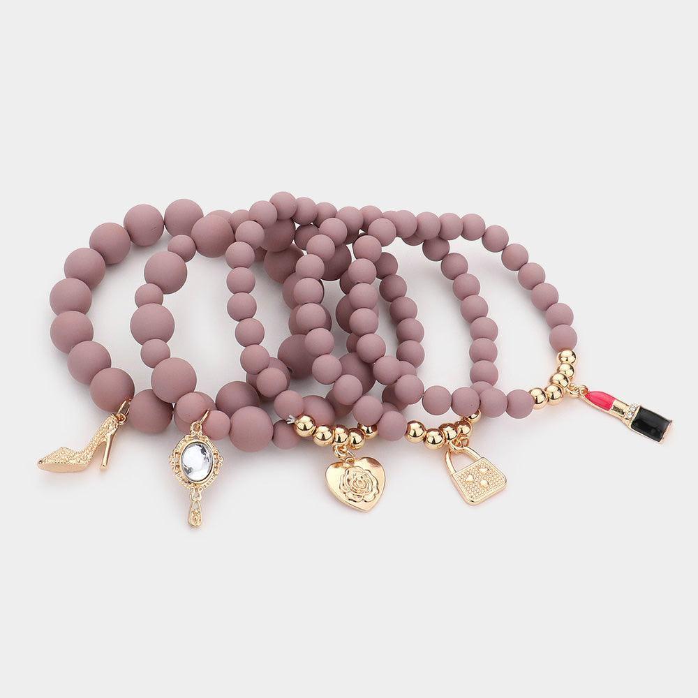 5PCS Flower Heart Hand Mirror Lipstick Stiletto Hill Tote Bag Charm Beaded Stretch Bracelets - Jewelry Store by Erik Rayo