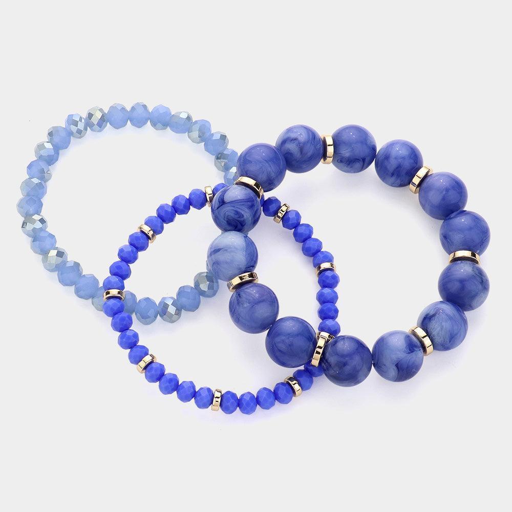 Blue 3PCS - Round Beads Faceted Beaded Multi Layered Bracelets - Jewelry Store by Erik Rayo