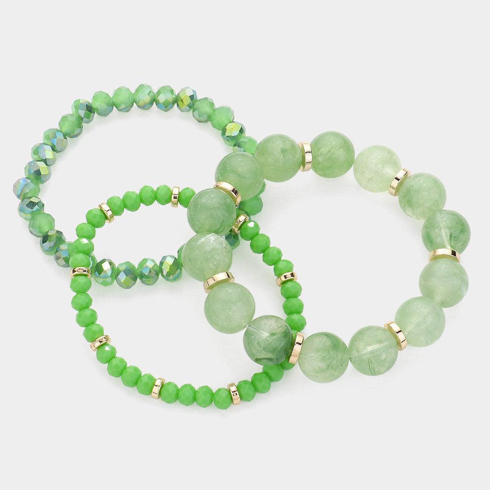 Green 3PCS - Round Beads Faceted Beaded Multi Layered Bracelets - Jewelry Store by Erik Rayo