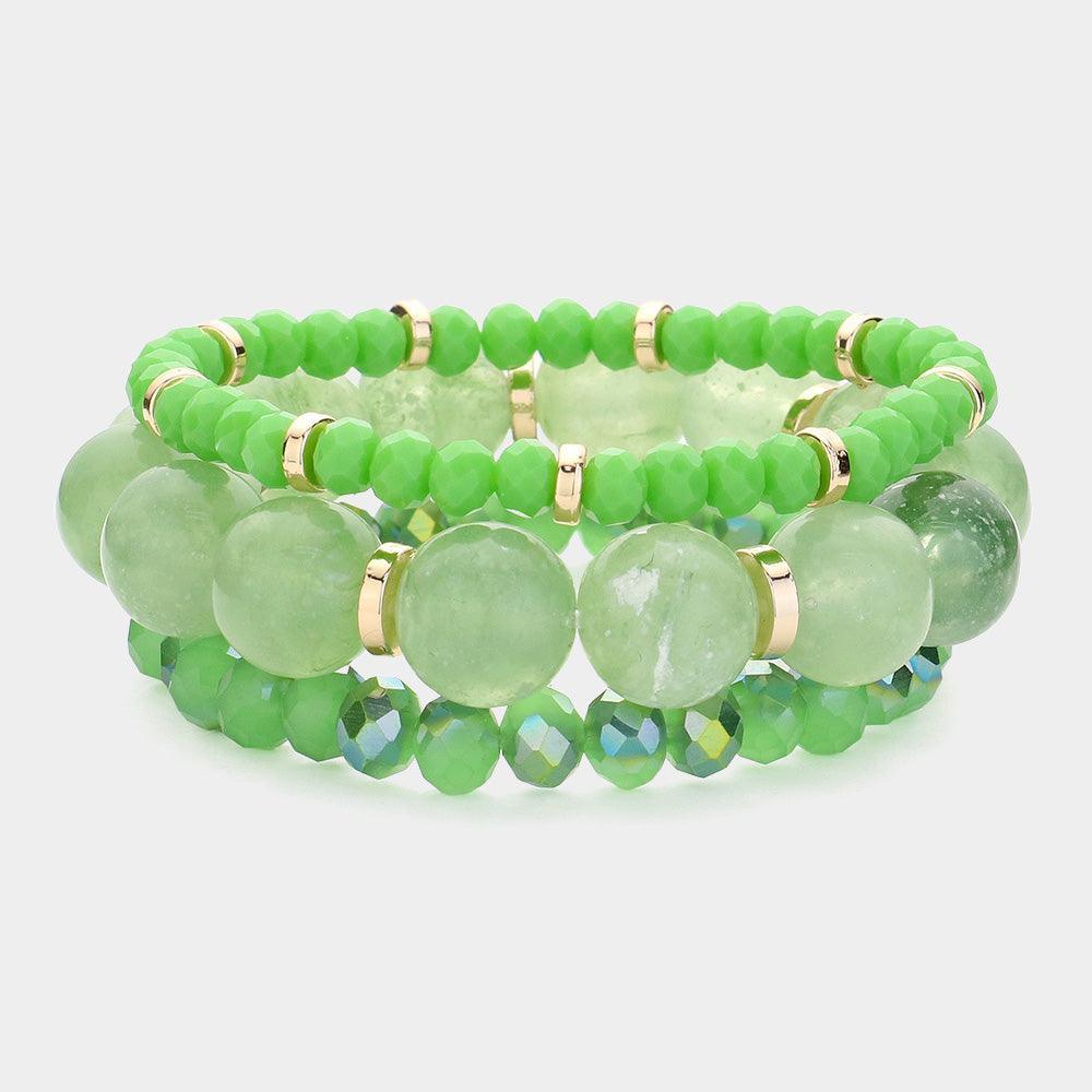Green 3PCS - Round Beads Faceted Beaded Multi Layered Bracelets - Jewelry Store by Erik Rayo