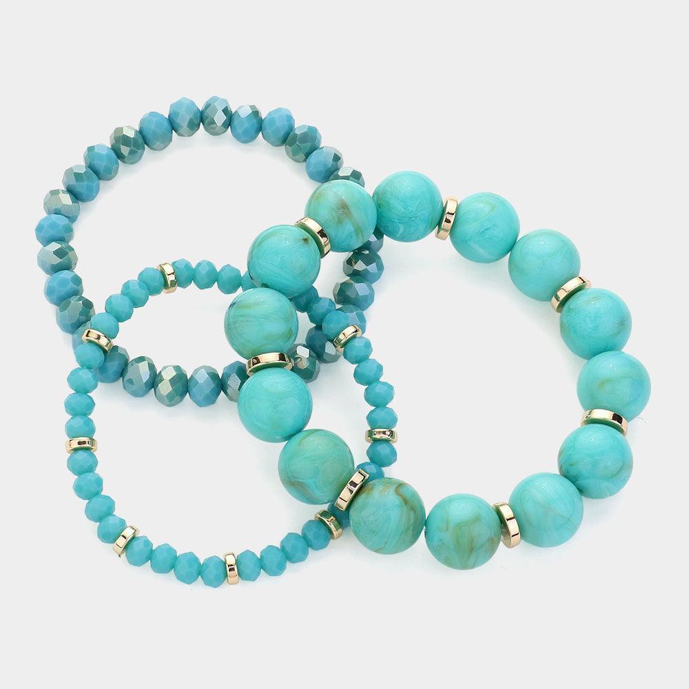 Turquoise 3PCS - Round Beads Faceted Beaded Multi Layered Bracelets - Jewelry Store by Erik Rayo