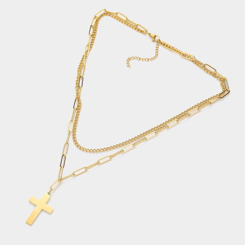 Gold Metal Cross Pendant Double Layered Necklace - Jewelry Store by Erik Rayo
