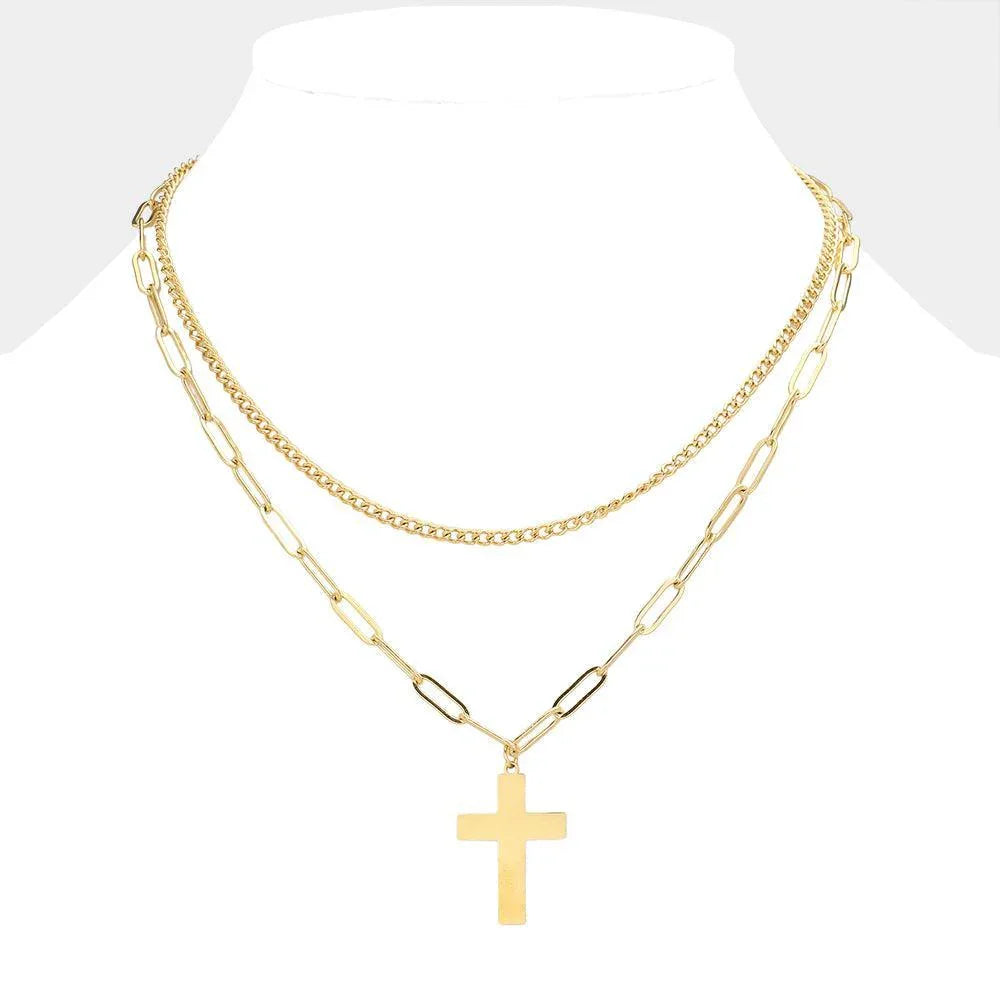 Gold Metal Cross Pendant Double Layered Necklace - Jewelry Store by Erik Rayo