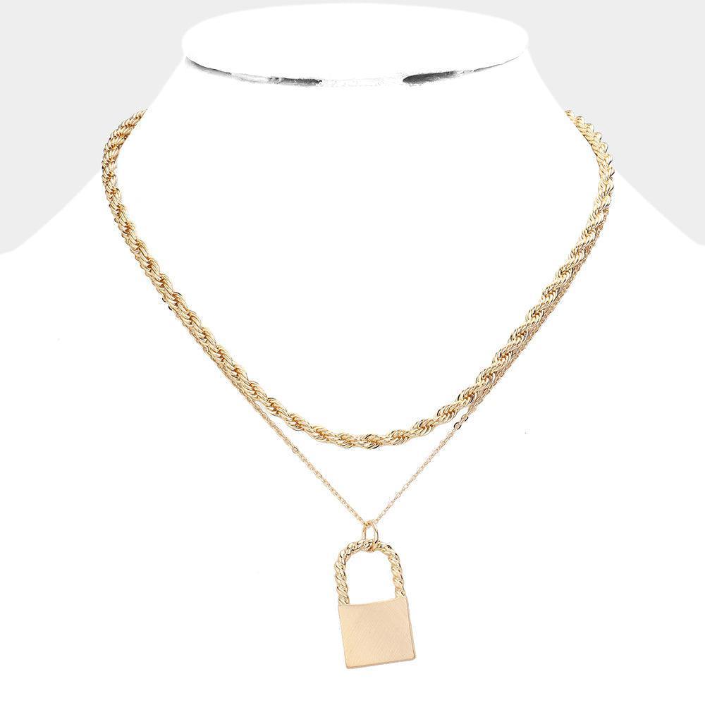 Gold Matte Metal Lock Pendant Double Layered Chain Necklace - Jewelry Store by Erik Rayo