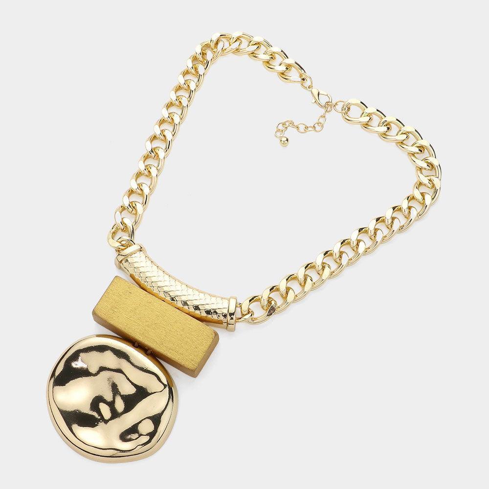 Gold Hammered Metal Wood Pendant Chunky Chain Statement Necklace - Jewelry Store by Erik Rayo
