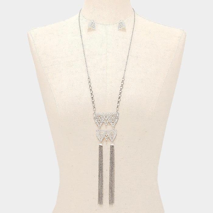 Silver Double metal chain tassel bib necklace - Jewelry Store by Erik Rayo