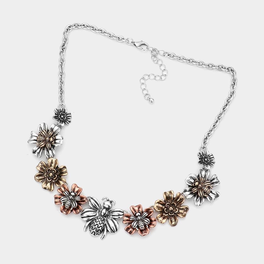 Three Tone Antique Metal Bumble Bee Flower Necklace - Jewelry Store by Erik Rayo